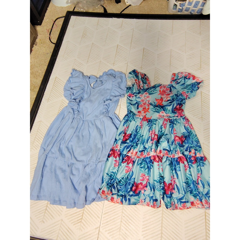 Crown‎ & Ivy Kids Blue Gauze Flutter Sleeve & Tropical Floral Tiered Dress Lot 5